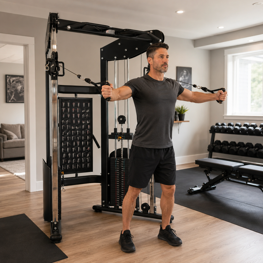 Homme effectuant un mouvement de papillon debout avec l’entraîneur fonctionnel Altas AL-3073 dans un gym résidentiel