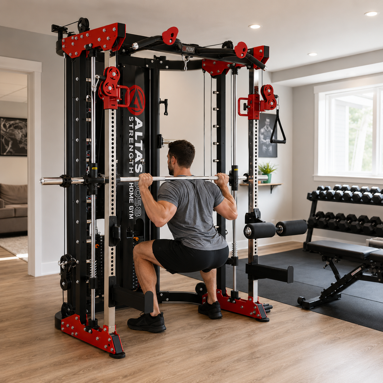 Homme effectuant un squat à la barre Smith sur une station Altas AL-3058G dans un gym résidentiel lumineux