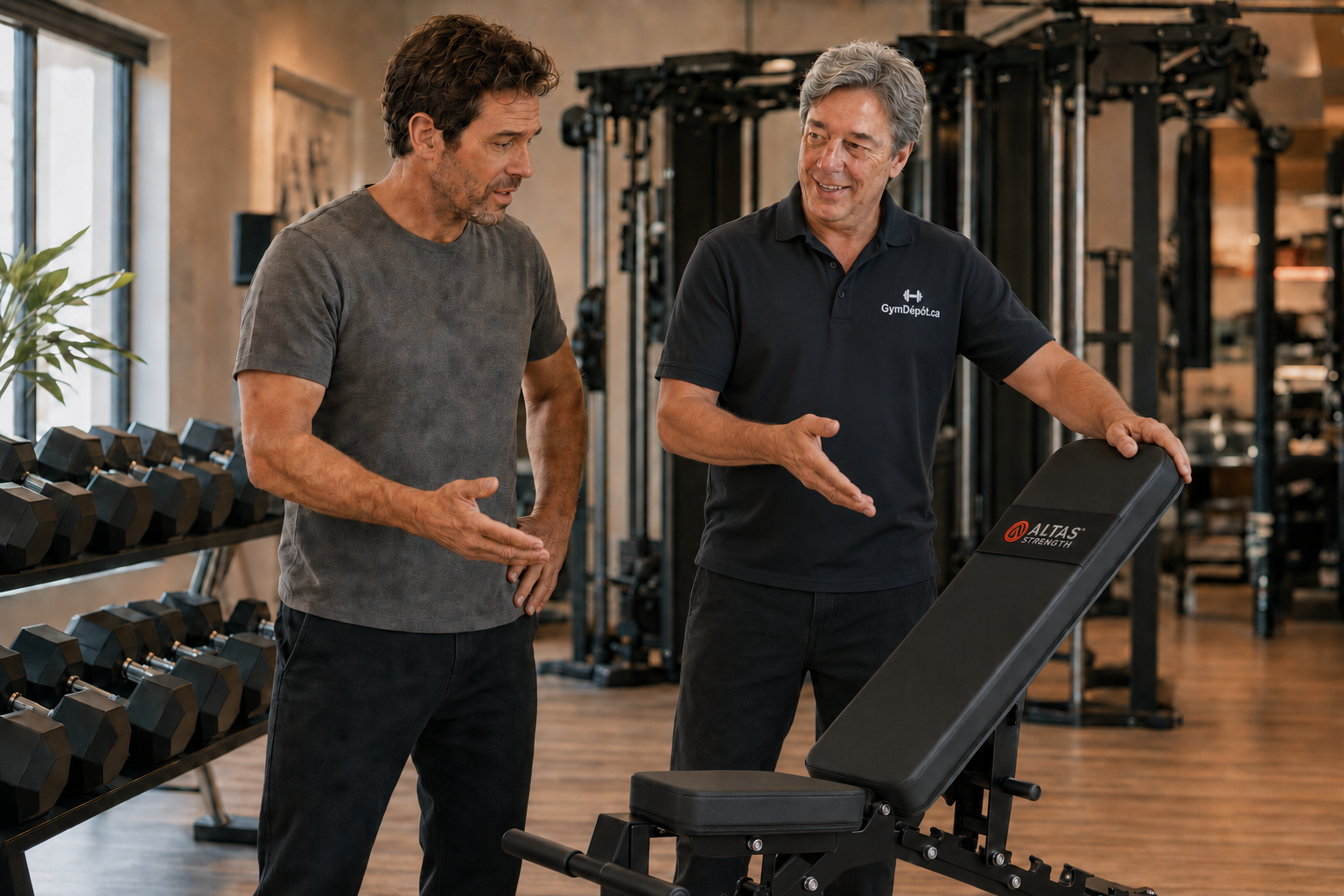 Conseil GymDépôt autour d’un banc Altas dans la boutique