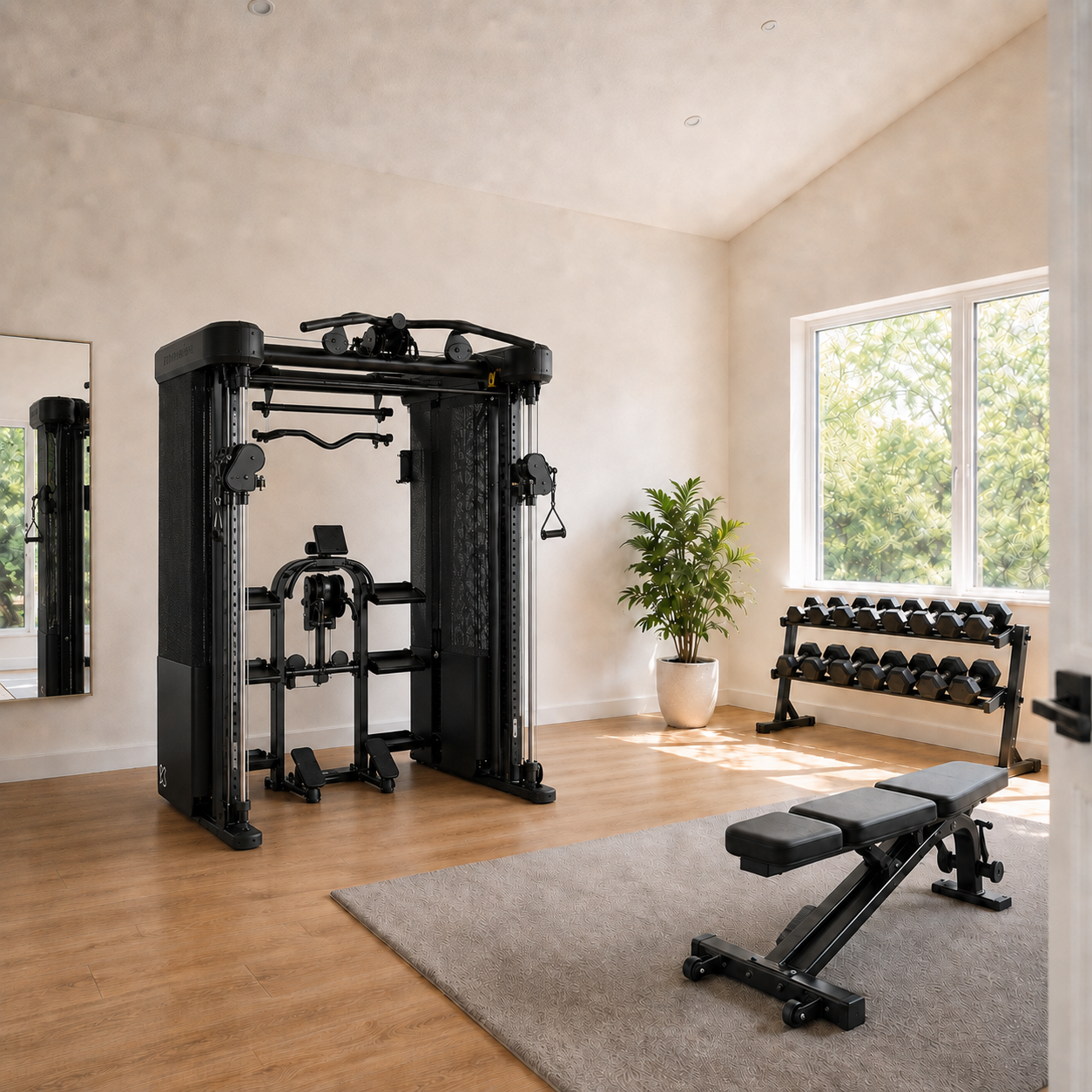 Inspire FT2 Pro avec banc dans une pièce lumineuse montrant l’espace d’entraînement autour de la Smith Machine