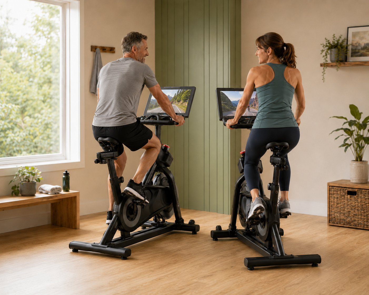 Couple pédalant sur deux vélos NordicTrack