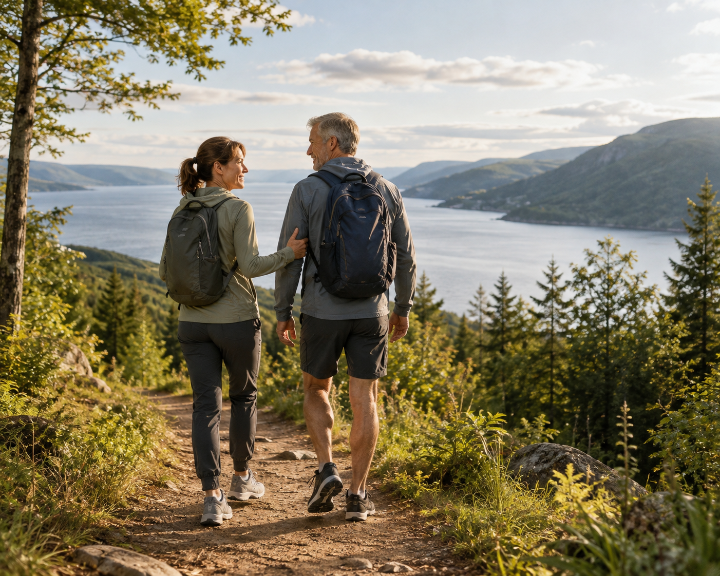 Couple en randonnée au bord d’un lac